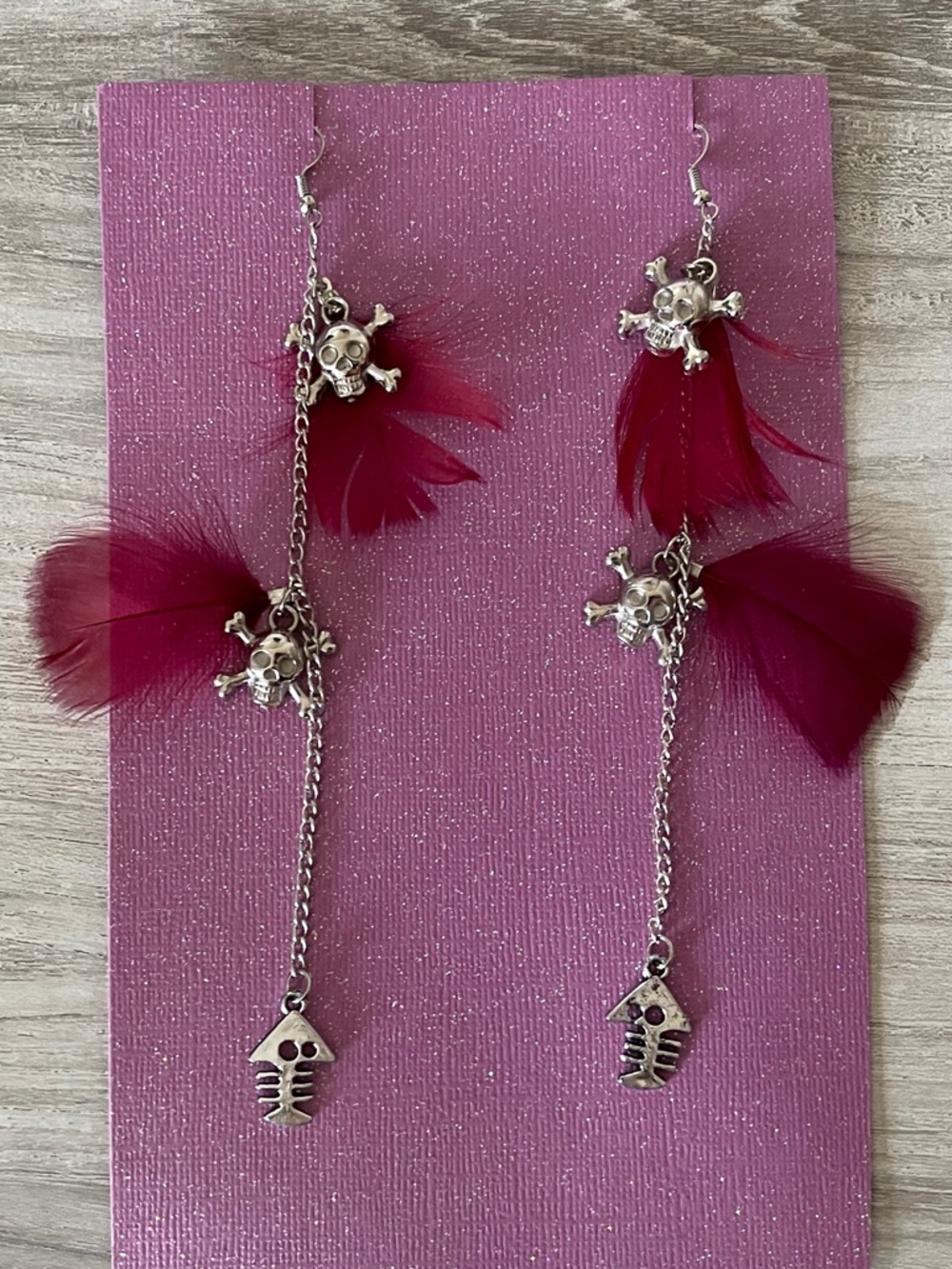 Dark Red Feather Skull and Fish Skeleton Earrings